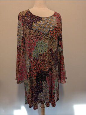 Boho Multicolor Paisley Dress With Bell Sleeves By MSK XL Hippie festival fairy